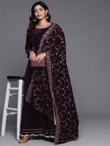 Libas Wine Solid Velvet Anarkali Suit With Dupatta
