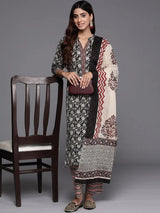 Libas Black Printed Cotton Straight Suit With Dupatta
