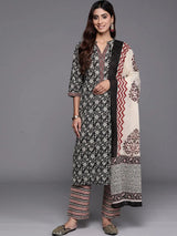 Libas Black Printed Cotton Straight Suit With Dupatta