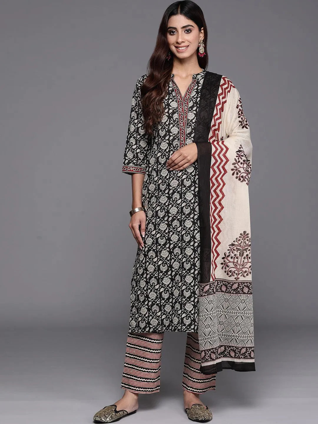 Libas Black Printed Cotton Straight Suit With Dupatta