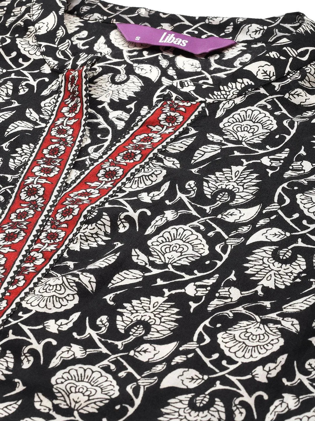 Libas Black Printed Cotton Straight Suit With Dupatta