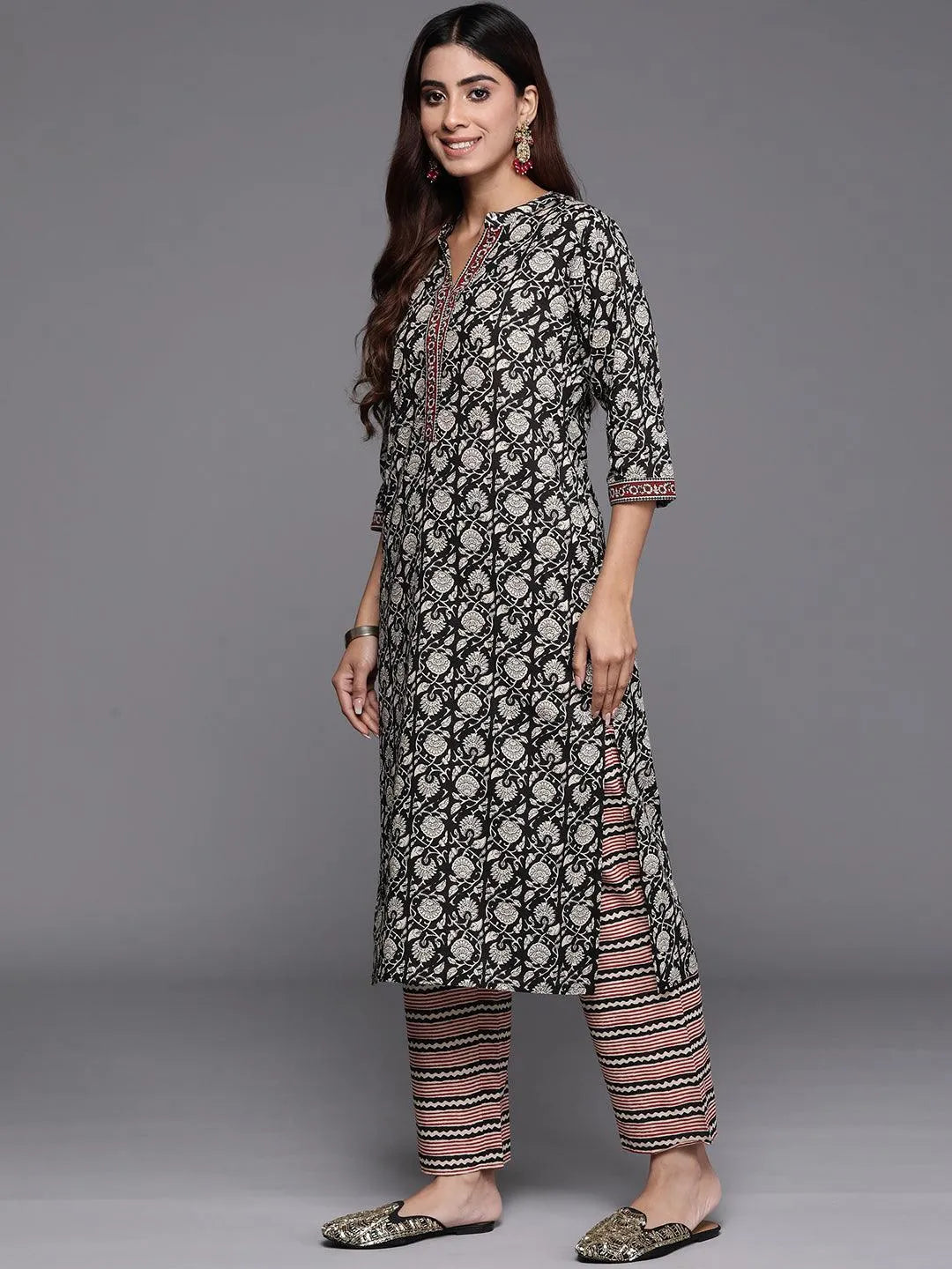Libas Black Printed Cotton Straight Suit With Dupatta