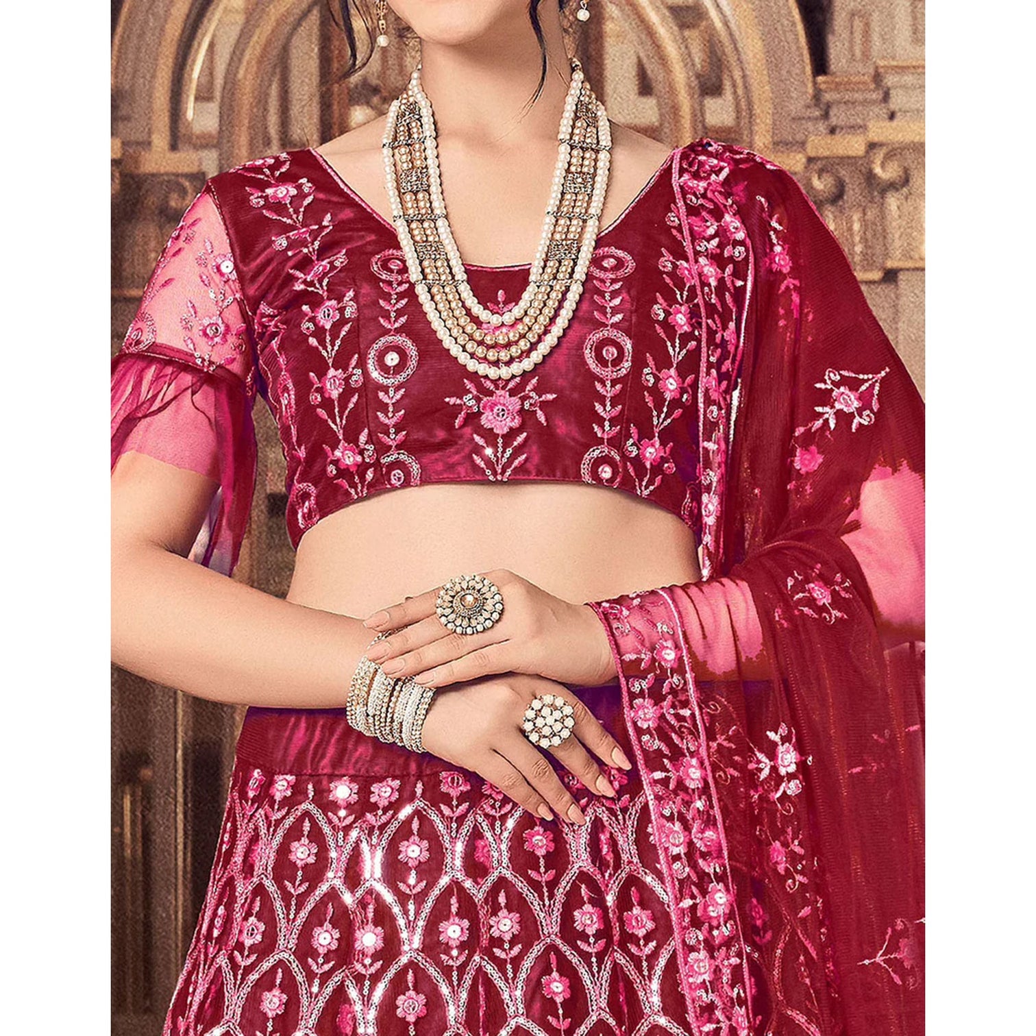 Maroon Thread and Foil Mirror Cutwork Lehenga choli