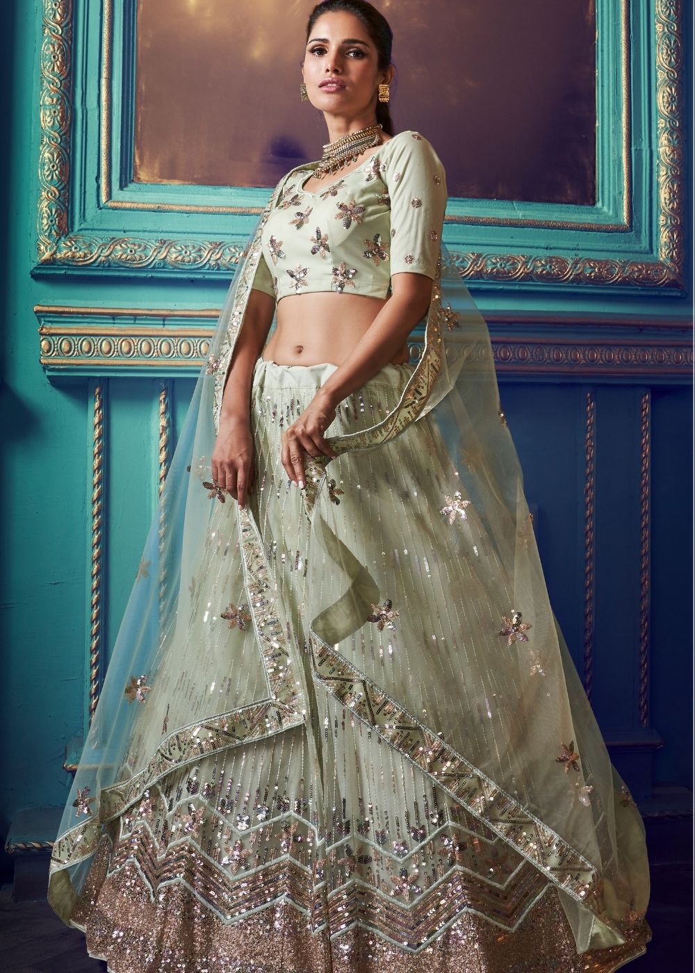 Pistachio Green Designer Soft Net Lehenga Choli with Sequin and Thread work