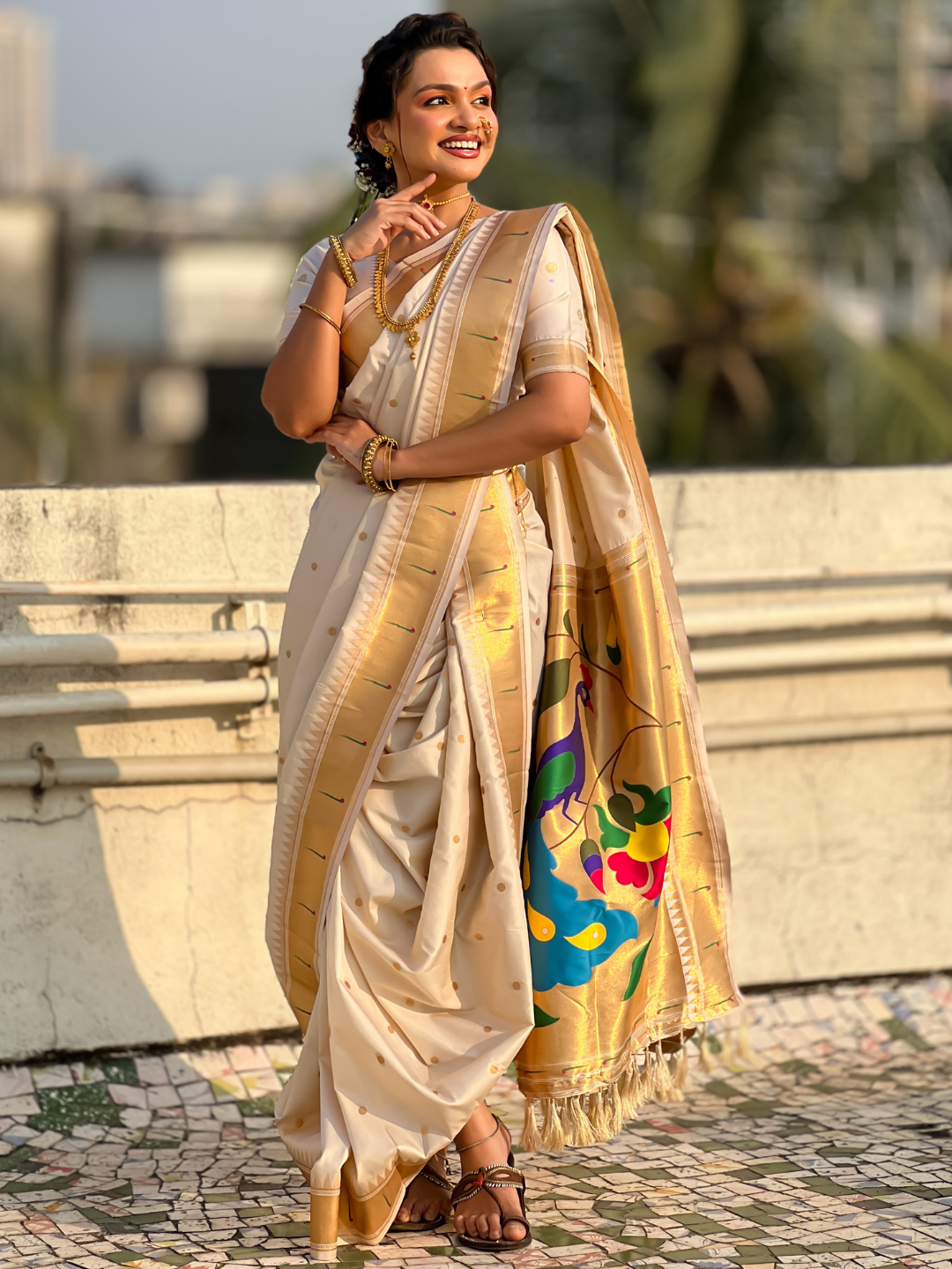 White wedding special nauvari paithani soft silk saree with zari woven polka motifs and peacock pallu