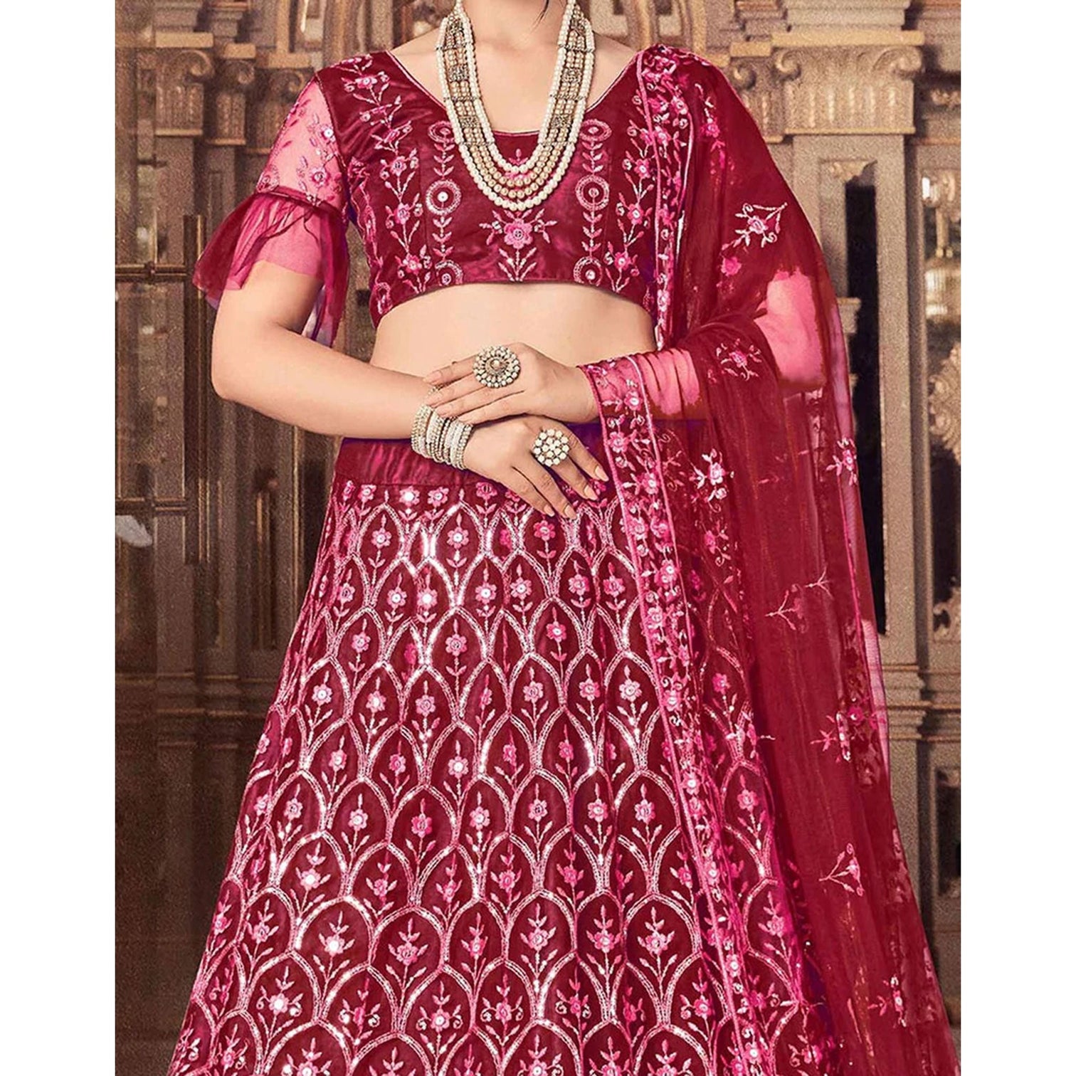 Maroon Thread and Foil Mirror Cutwork Lehenga choli