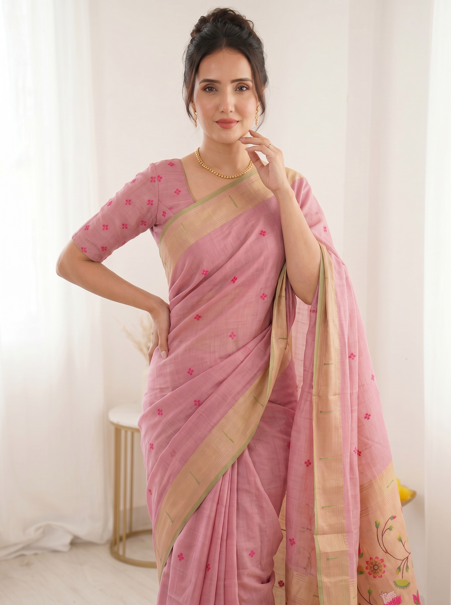 Pink Premium Soft Muga Cotton Saree with Paithani Swan Meenakari Pallu