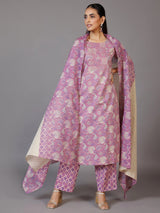 Libas Mauve Printed Cotton Straight Suit With Dupatta