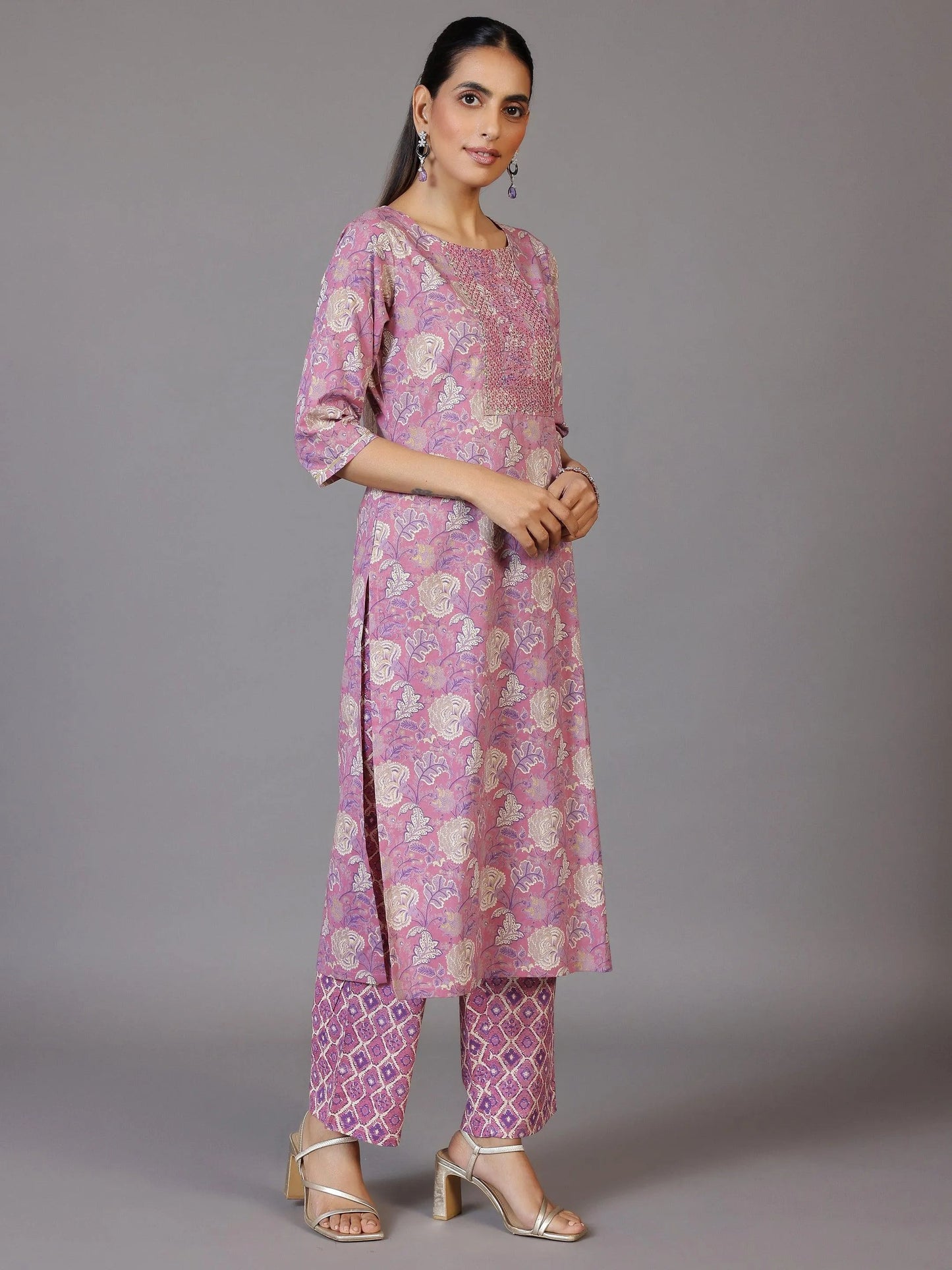 Libas Mauve Printed Cotton Straight Suit With Dupatta