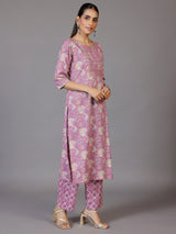 Libas Mauve Printed Cotton Straight Suit With Dupatta