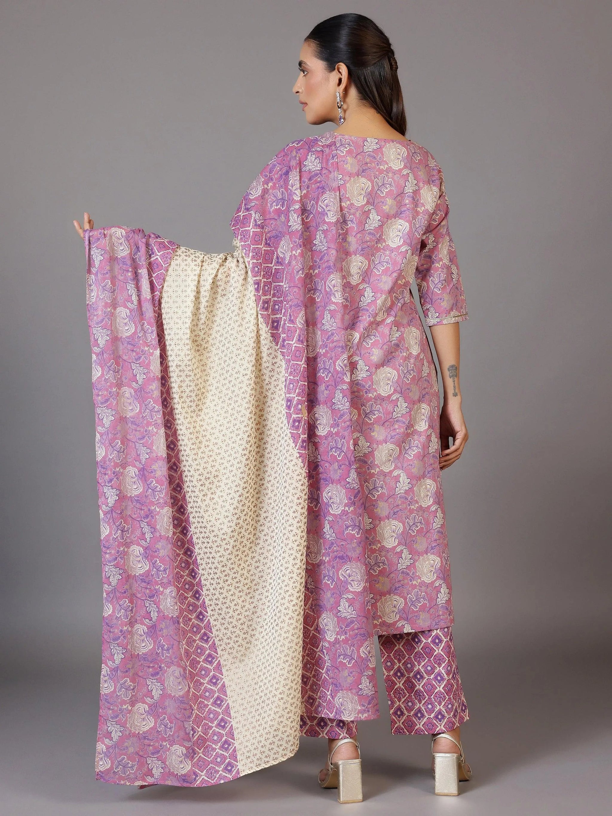 Libas Mauve Printed Cotton Straight Suit With Dupatta