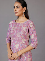 Libas Mauve Printed Cotton Straight Suit With Dupatta