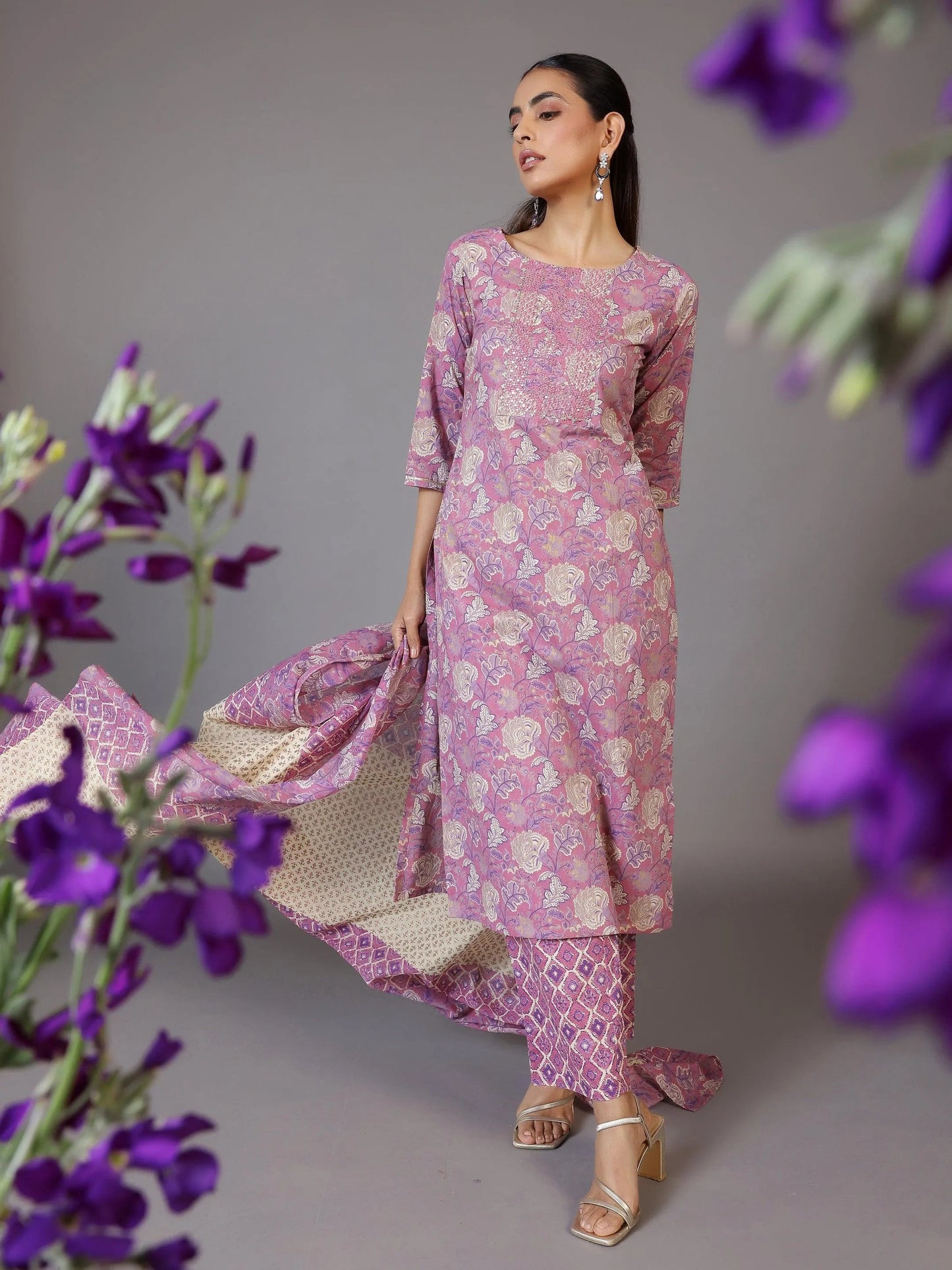 Libas Mauve Printed Cotton Straight Suit With Dupatta