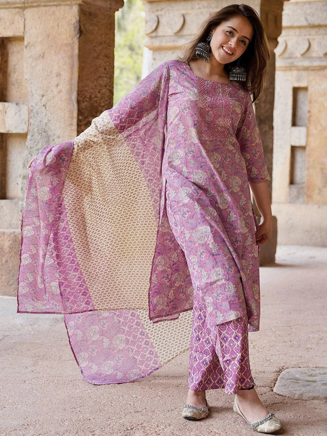 Libas Mauve Printed Cotton Straight Suit With Dupatta