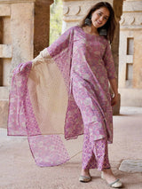 Libas Mauve Printed Cotton Straight Suit With Dupatta