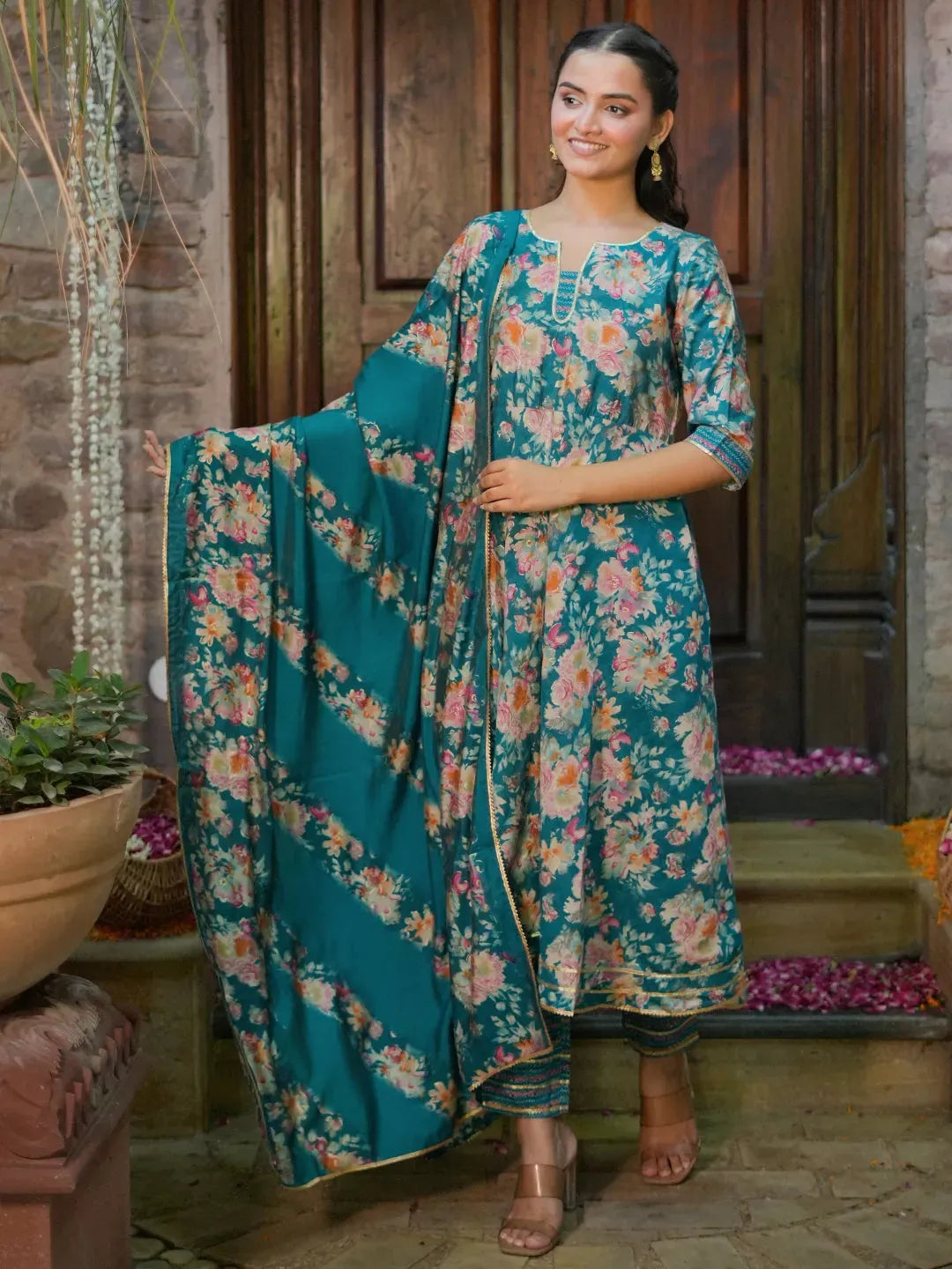 Mameraa Blue Printed Silk Blend Anarkali Suit With Dupatta