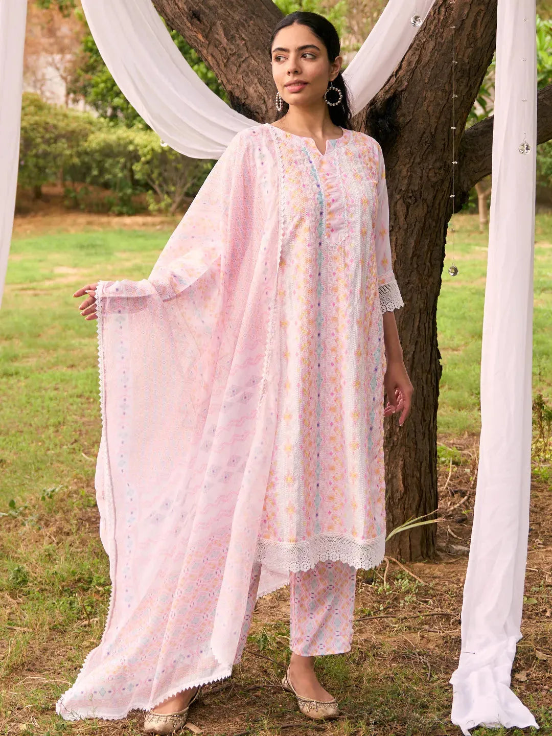 Mameraa Peach Embroidered Cotton Blend Straight Suit With Dupatta