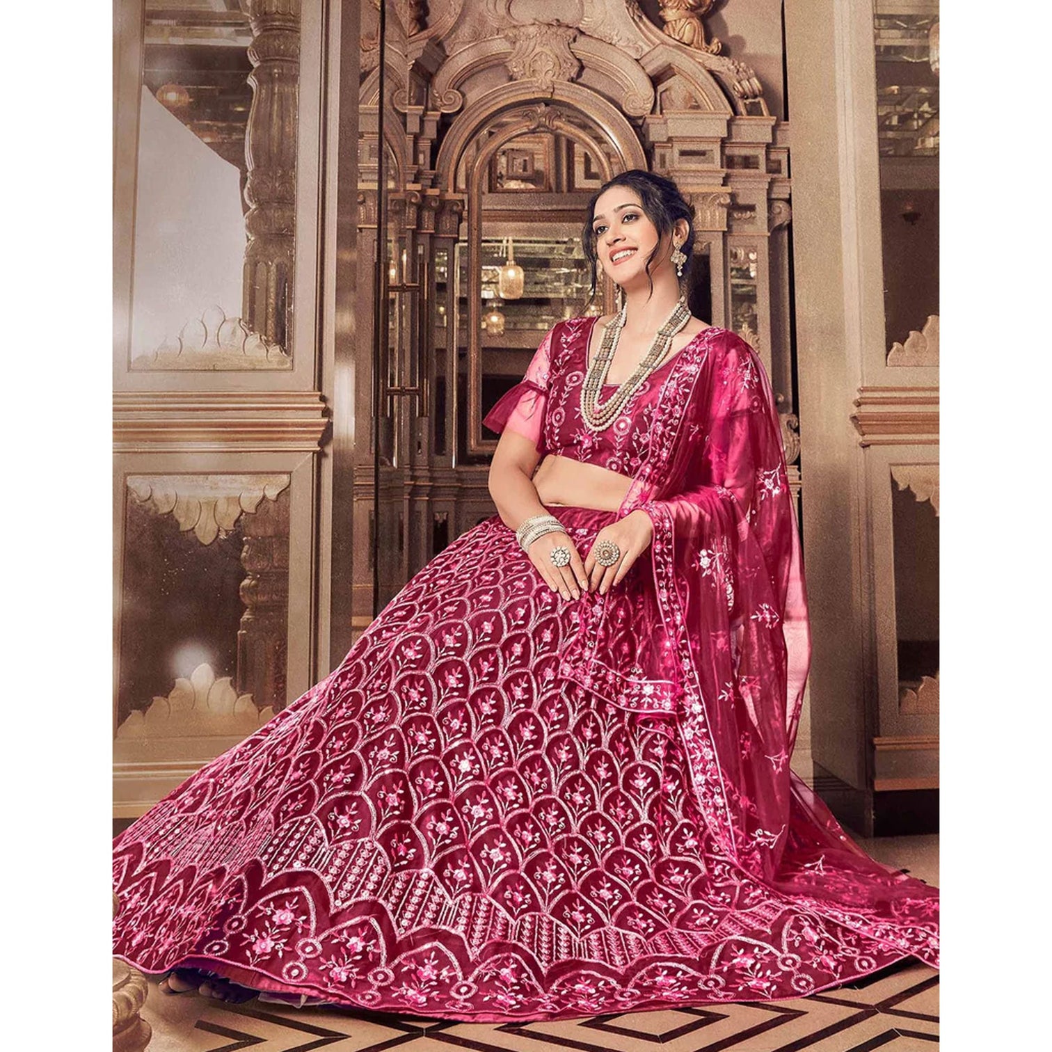 Maroon Thread and Foil Mirror Cutwork Lehenga choli