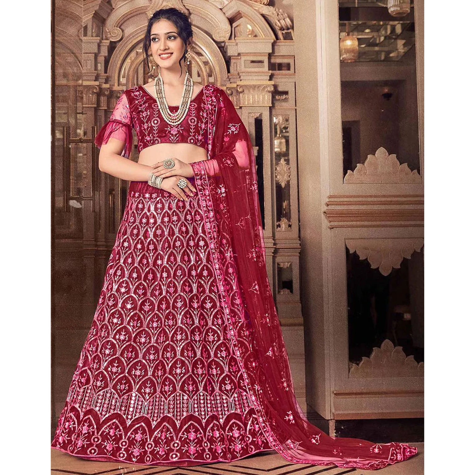 Maroon Thread and Foil Mirror Cutwork Lehenga choli