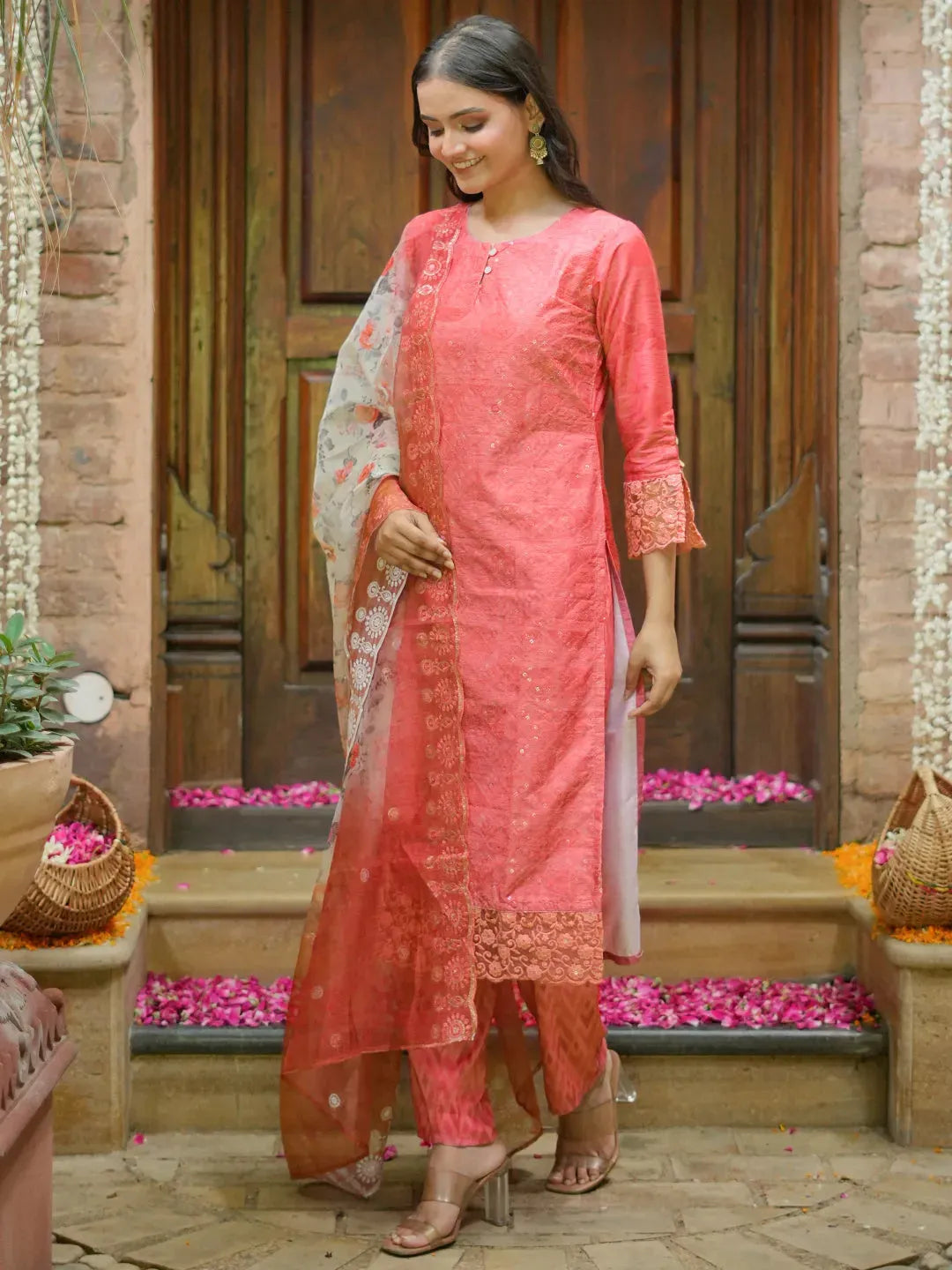 Mameraa Peach Embroidered Silk Blend Straight Suit With Dupatta