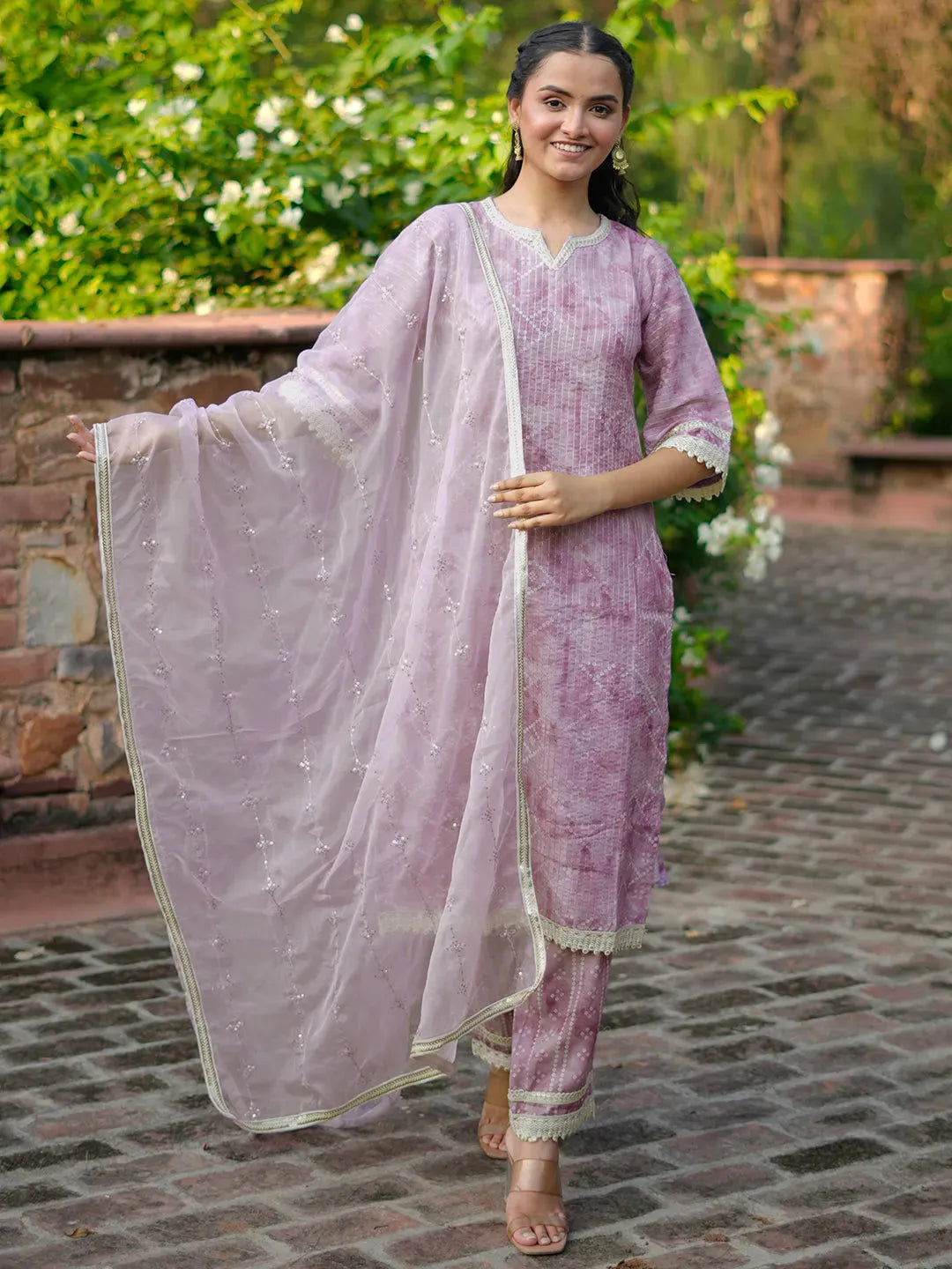 Mameraa Purple Printed Cotton Straight Suit With Dupatta