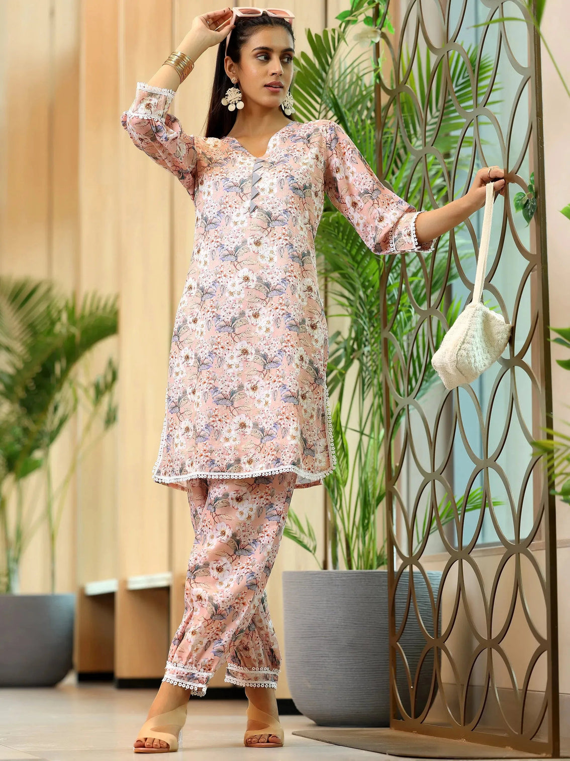 Mameraa Peach Printed Cotton Straight Kurta Set