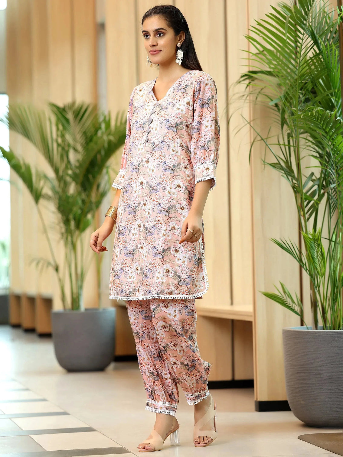 Mameraa Peach Printed Cotton Straight Kurta Set