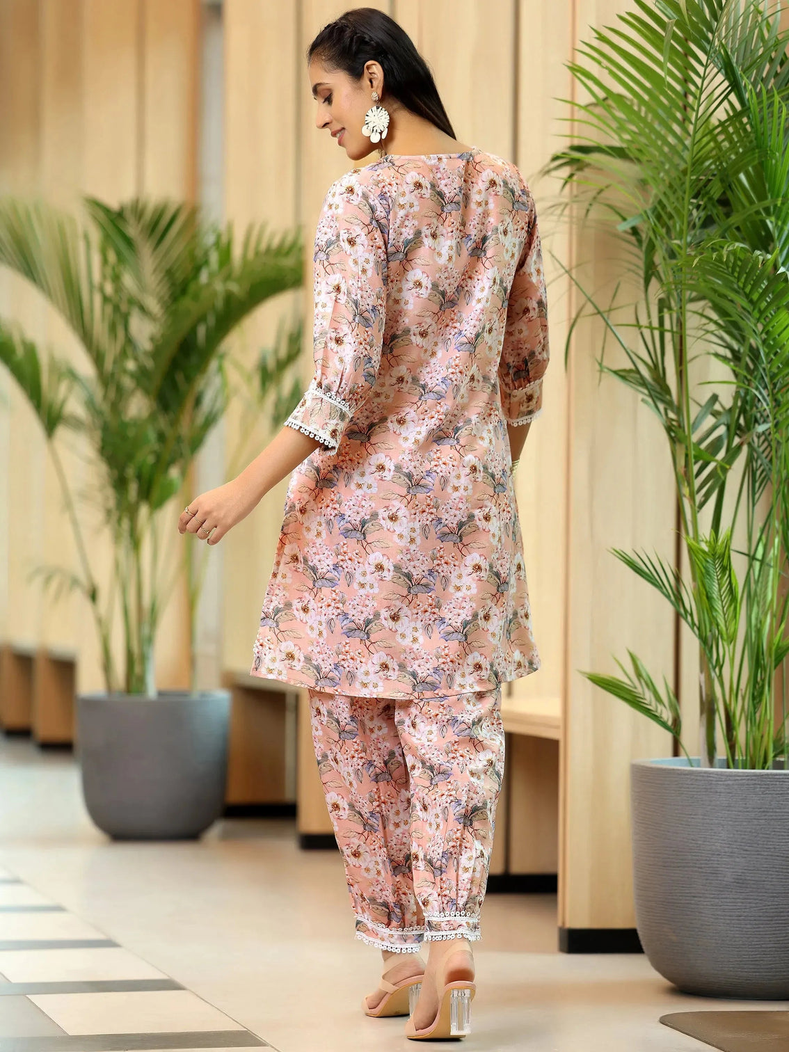 Mameraa Peach Printed Cotton Straight Kurta Set