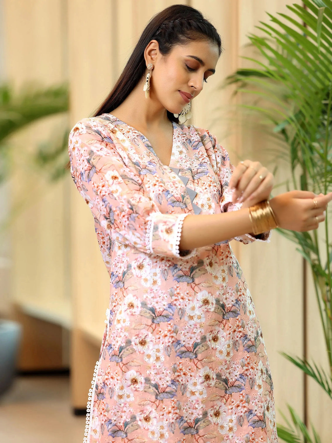 Mameraa Peach Printed Cotton Straight Kurta Set