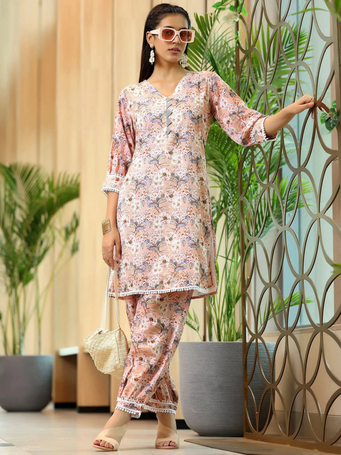 Mameraa Peach Printed Cotton Straight Kurta Set