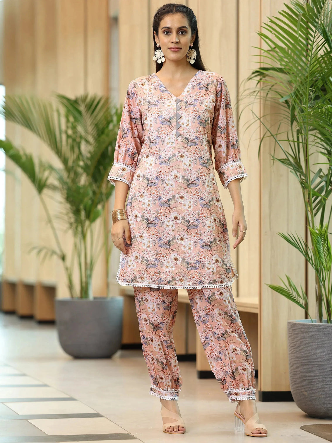 Mameraa Peach Printed Cotton Straight Kurta Set