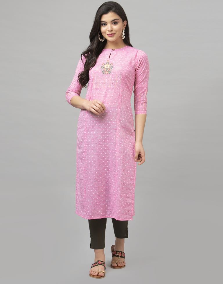 Sparkling Pink Coloured Embroidered Cotton Kurti