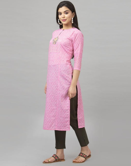 Sparkling Pink Coloured Embroidered Cotton Kurti