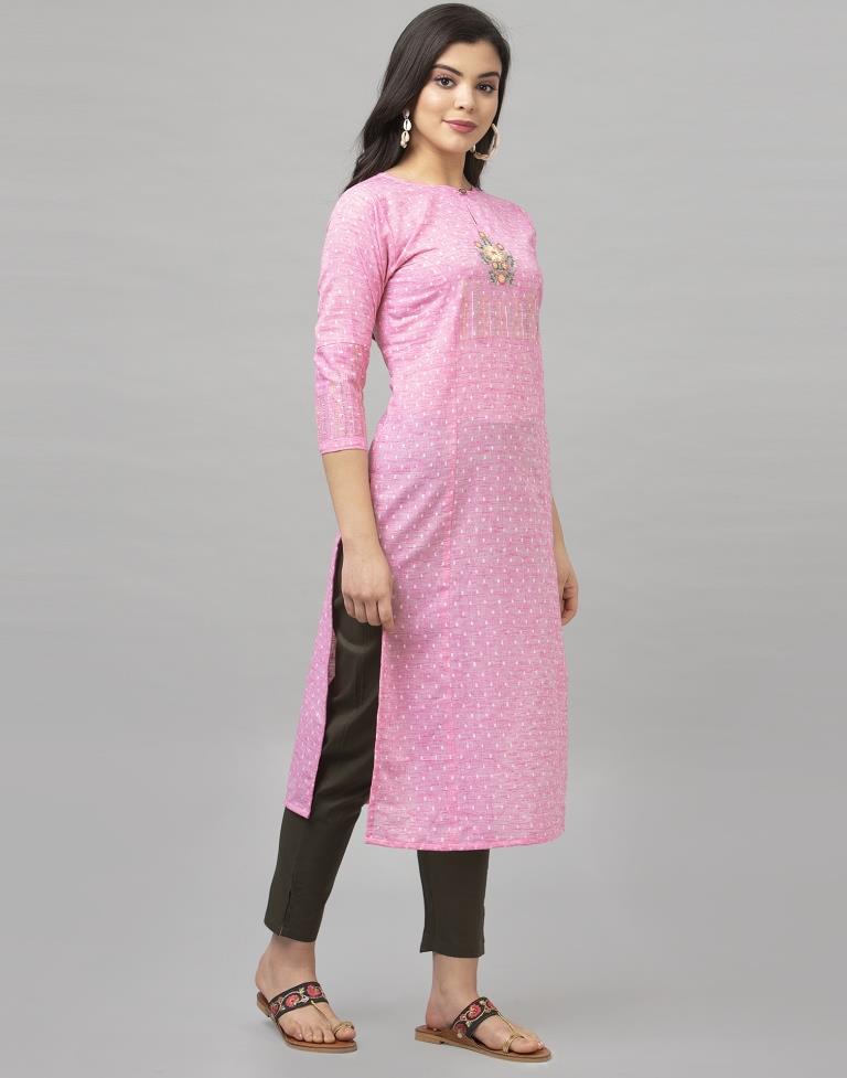 Sparkling Pink Coloured Embroidered Cotton Kurti