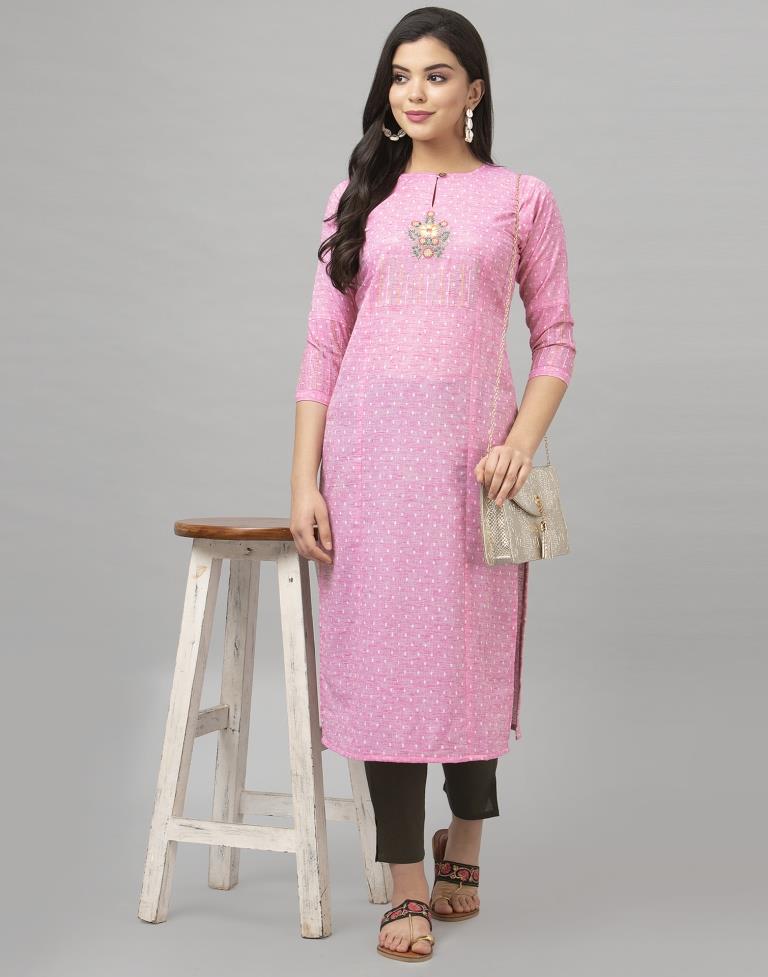 Sparkling Pink Coloured Embroidered Cotton Kurti