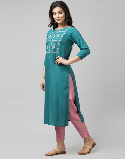 Vibrant Rama Green Coloured Embroidered Patch Rayon Kurti