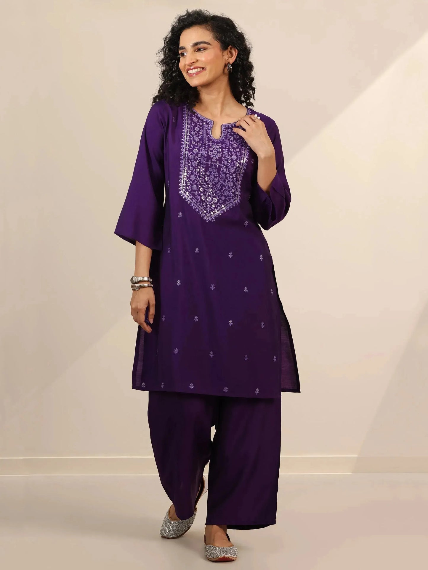 Gerua Purple Embroidered Silk Blend Straight Kurta Set