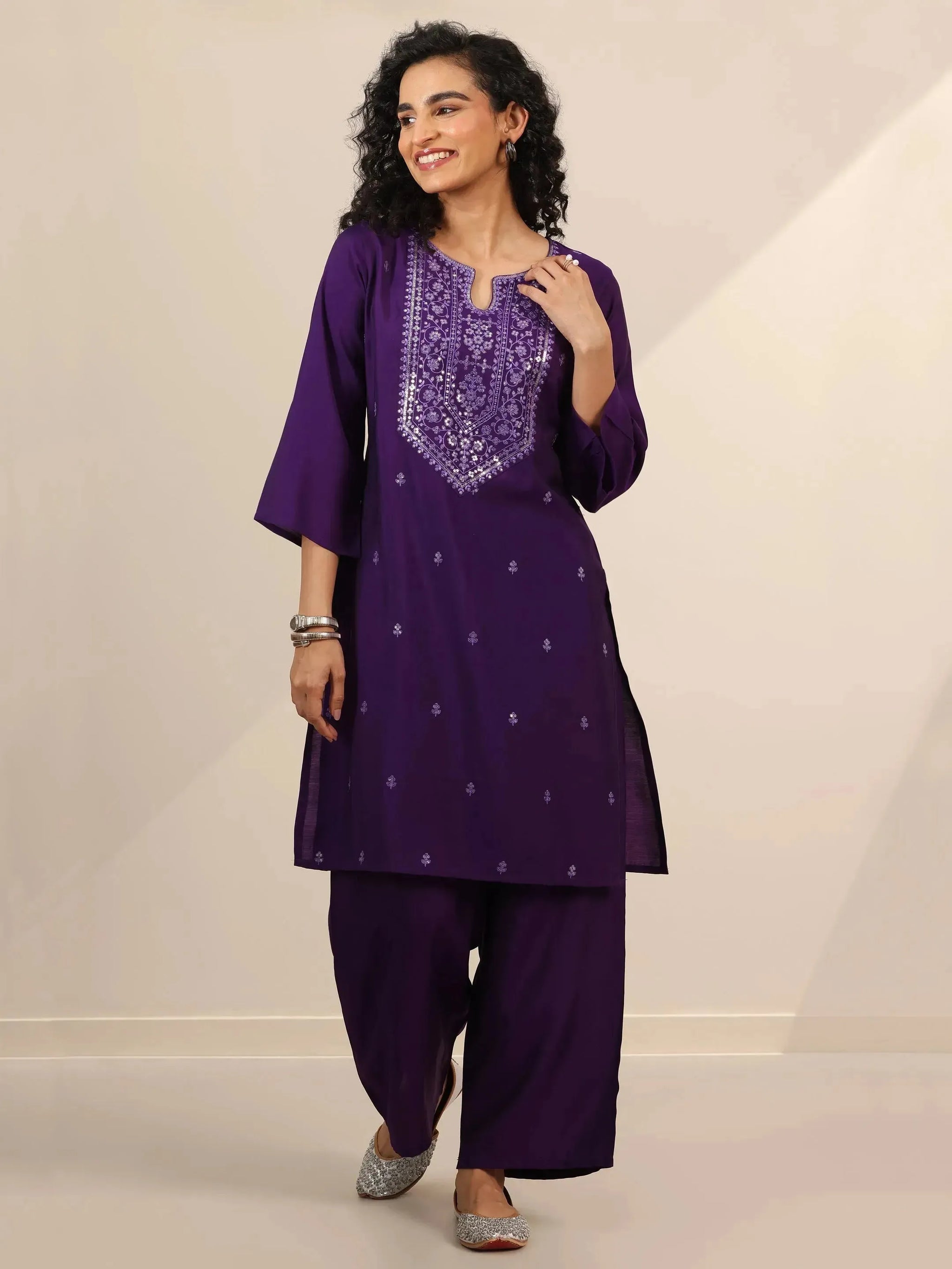 Gerua Purple Embroidered Silk Blend Straight Kurta Set