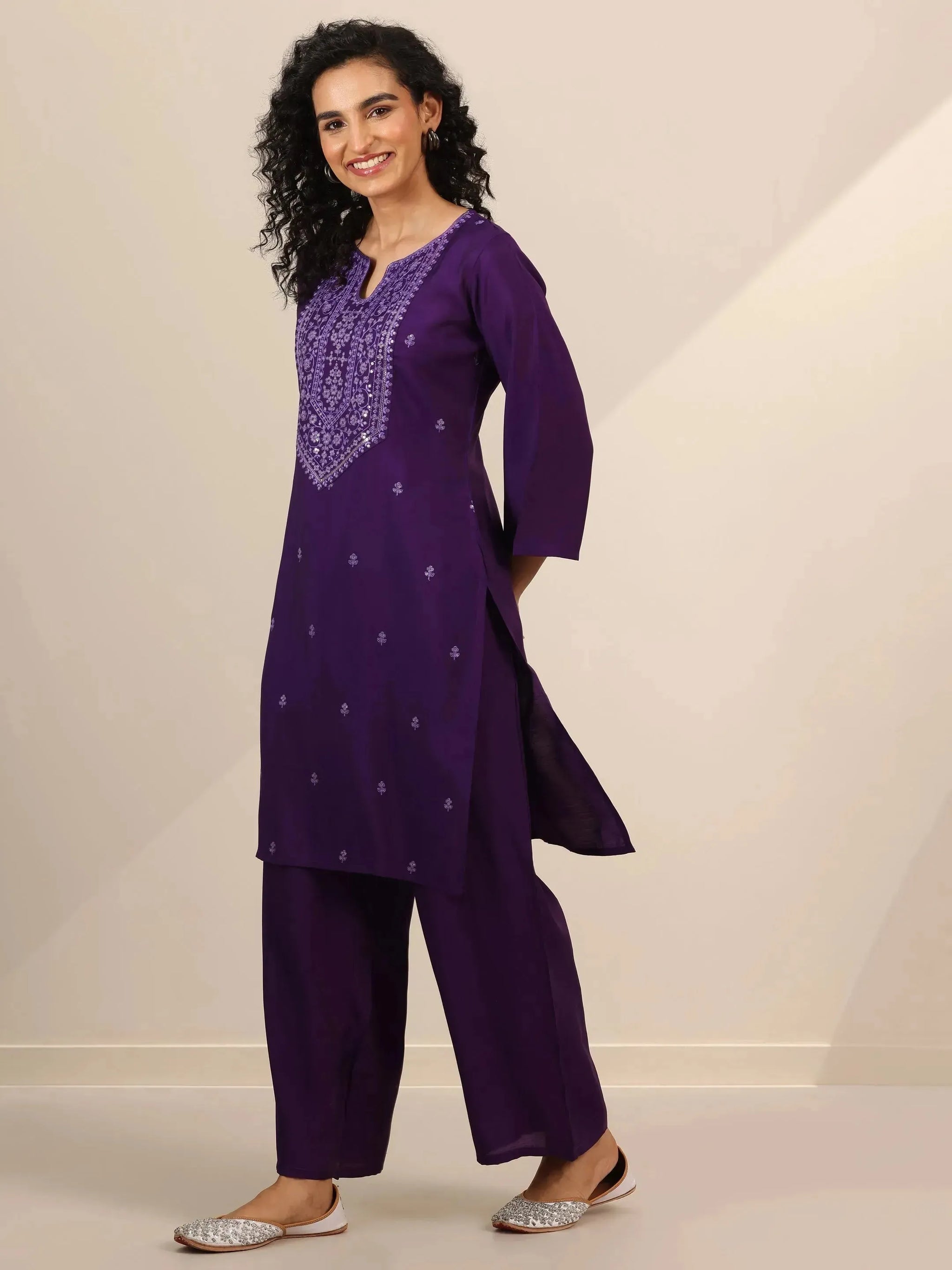 Gerua Purple Embroidered Silk Blend Straight Kurta Set