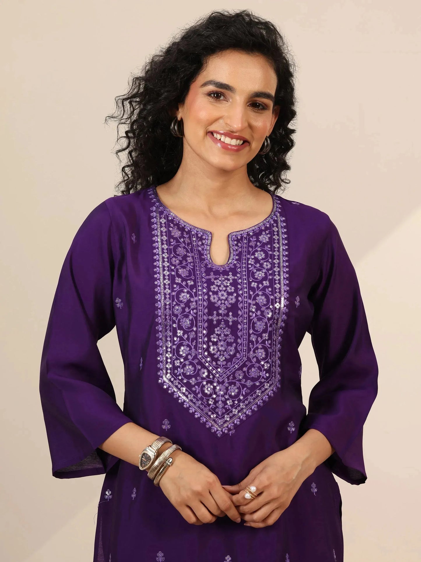 Gerua Purple Embroidered Silk Blend Straight Kurta Set