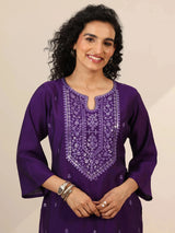 Gerua Purple Embroidered Silk Blend Straight Kurta Set