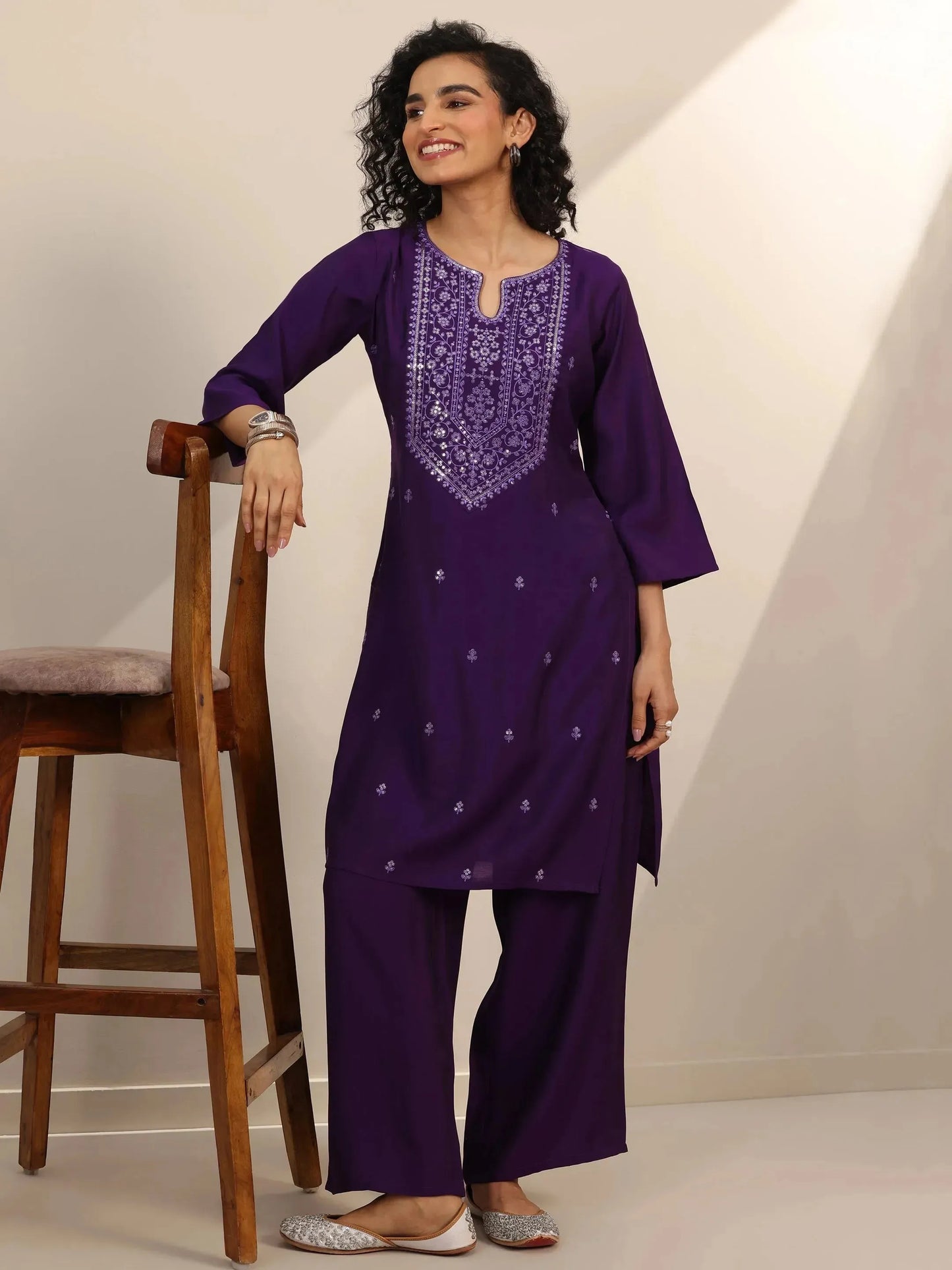 Gerua Purple Embroidered Silk Blend Straight Kurta Set