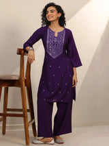 Gerua Purple Embroidered Silk Blend Straight Kurta Set