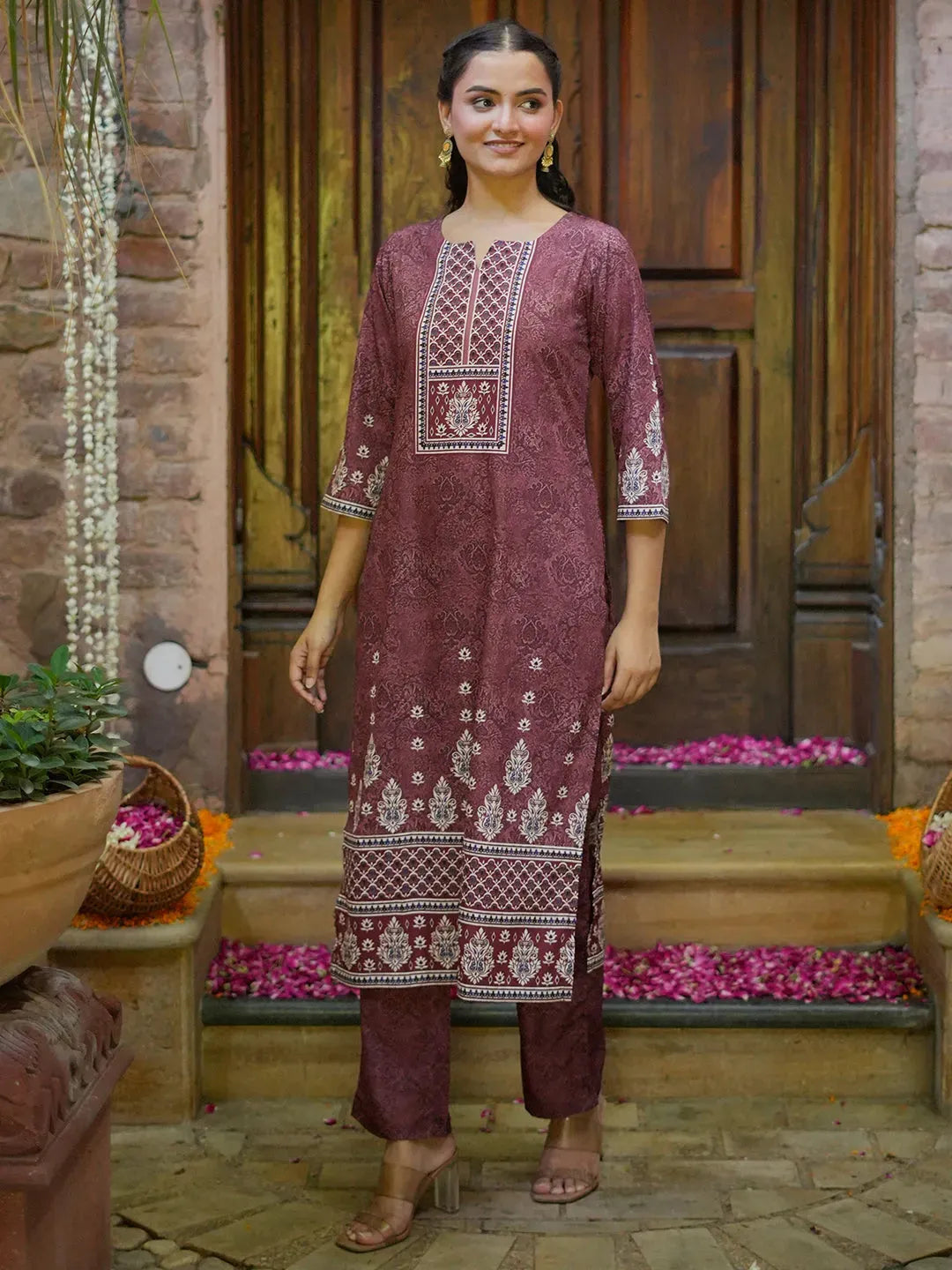Mameraa Brown Printed Poly Crepe Straight Kurta With Trousers