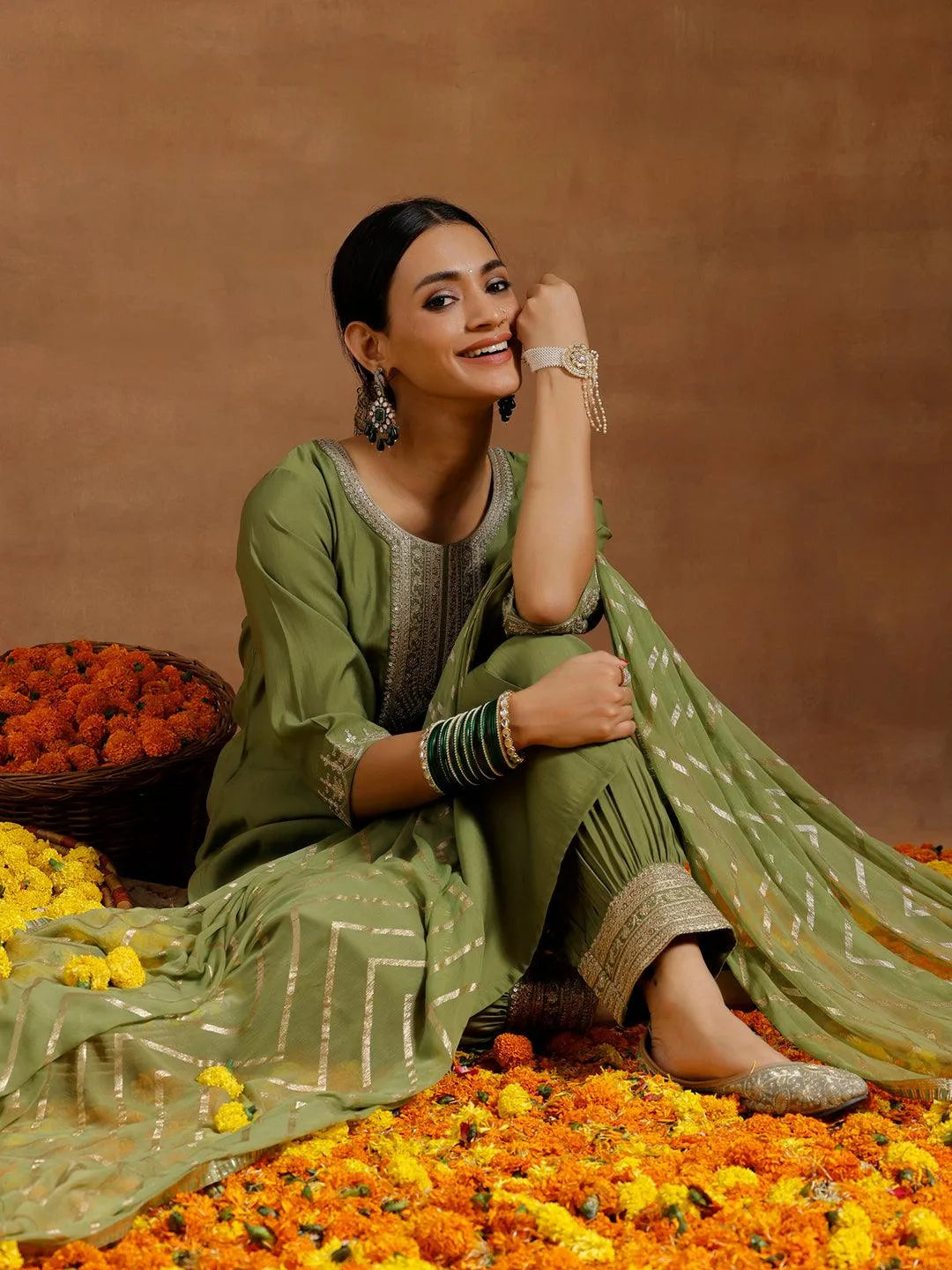 Mameraa Green Yoke Design Straight Suit With Dupatta