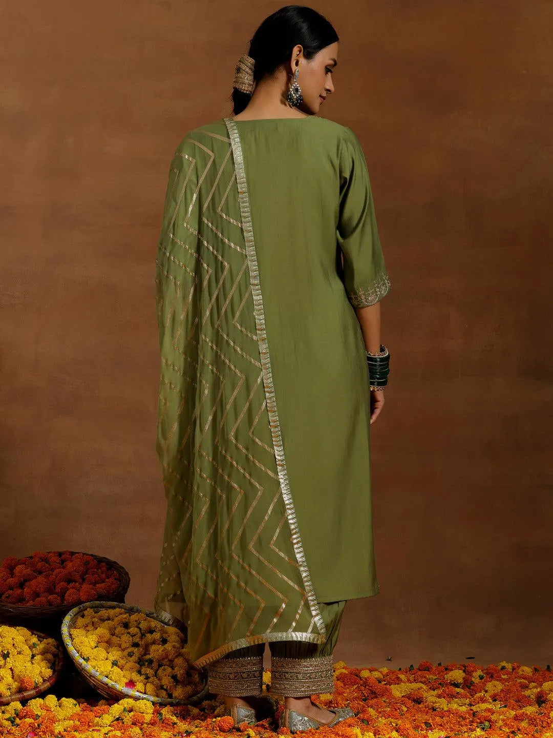 Mameraa Green Yoke Design Straight Suit With Dupatta