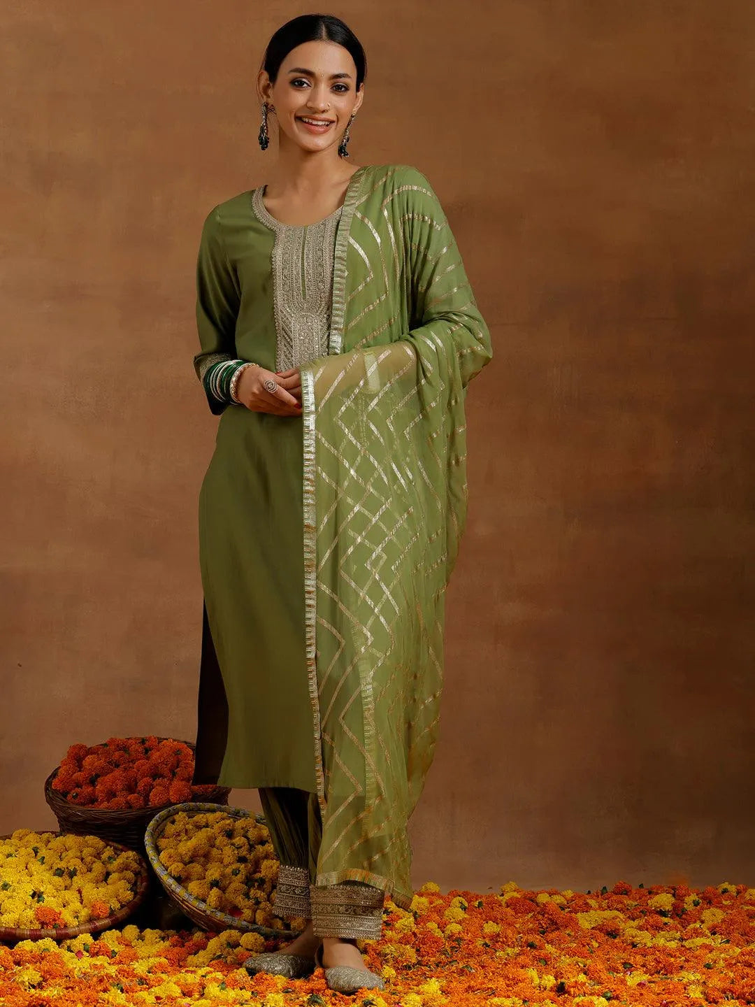 Mameraa Green Yoke Design Straight Suit With Dupatta