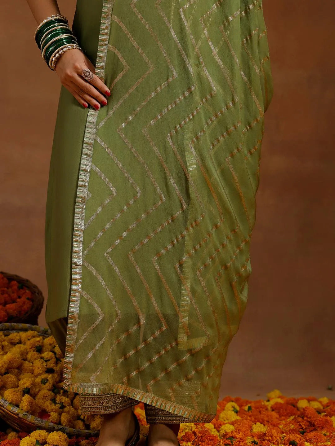 Mameraa Green Yoke Design Straight Suit With Dupatta