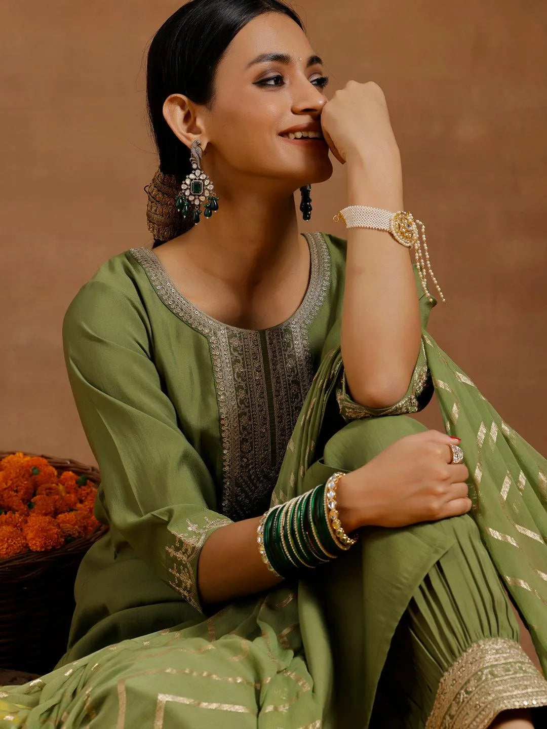 Mameraa Green Yoke Design Straight Suit With Dupatta