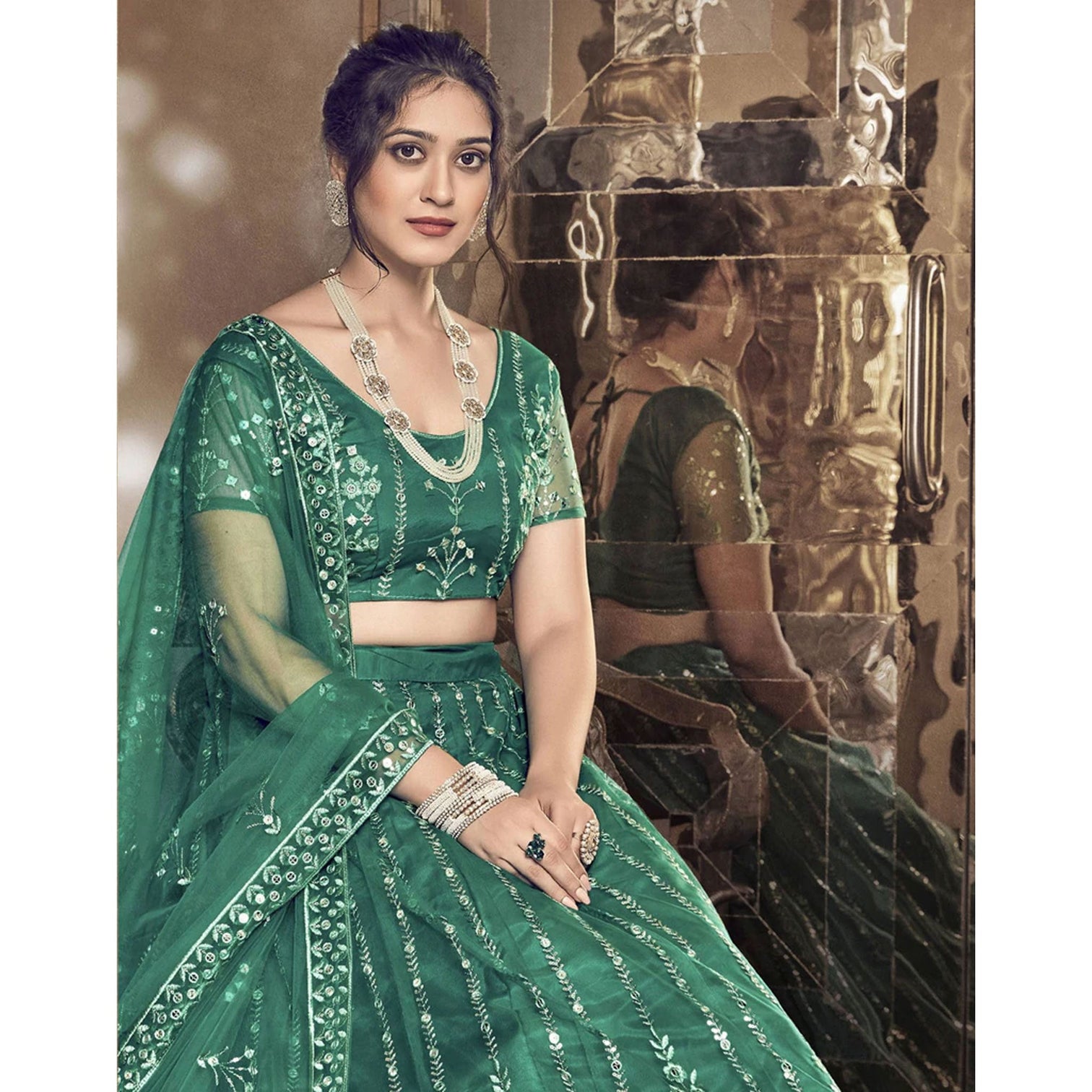 Light Rama Thread and Foil Mirror Cutwork Lehenga choli